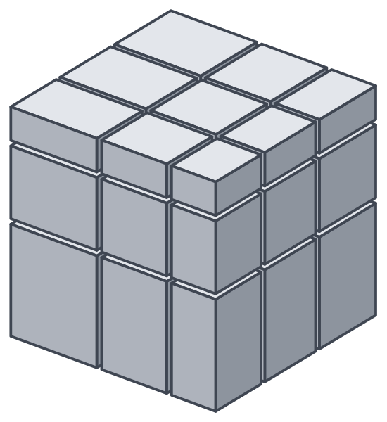 Ein gelöster Mirror Cube: ein glatter Würfel, in dem jede Außenschicht anders dick ist. Oben liegt die dünnste Schicht, unten die dickste.