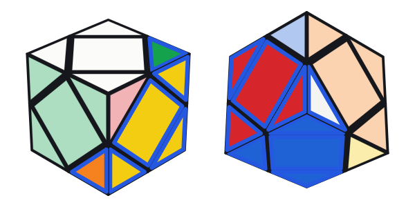 R: Die Hälfte um die Ecke hinten rechts unten hat sich gedreht (blau umrandet). Links von vorne, rechts von hinten unten gesehen.