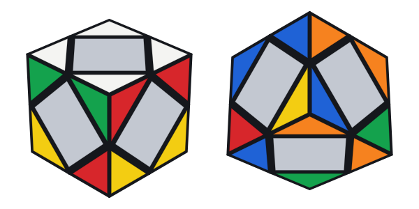 Vier untere Ecken verdreht: Rechts zeigen unten zwei gelbe Dreiecke. Rechts das Bild von hinten unten. Die Mitten sind grau, sie kommen erst in Schritt 3 dran.