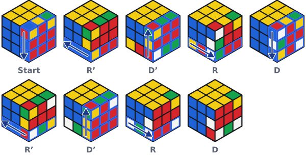 So läuft R' D' R D R' D' R D Zug für Zug ab. Die Schicht, die sich als Nächstes dreht, ist blau umrandet.